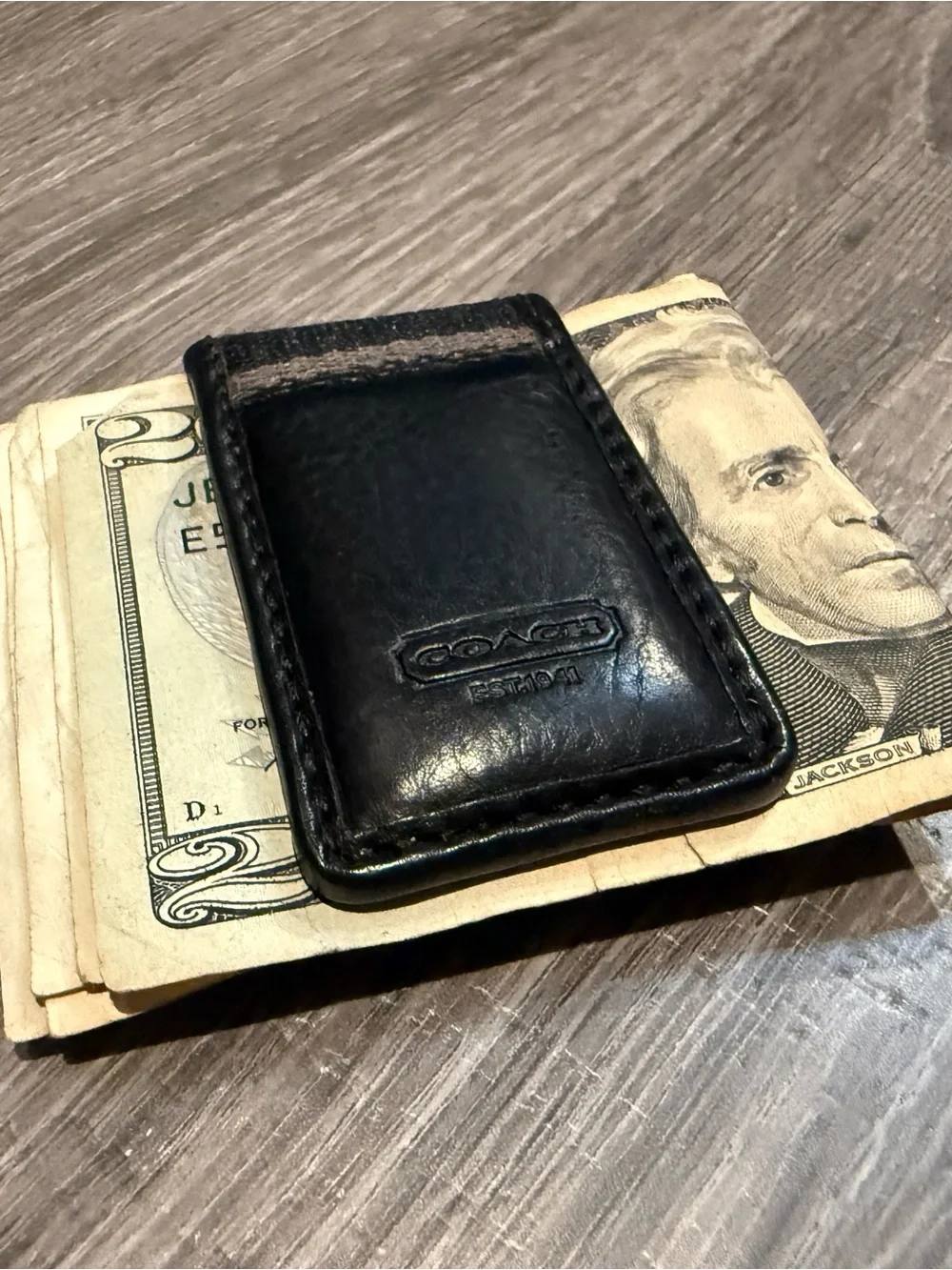 Coach Black Leather Money Clip with Signature Canvas Accent
